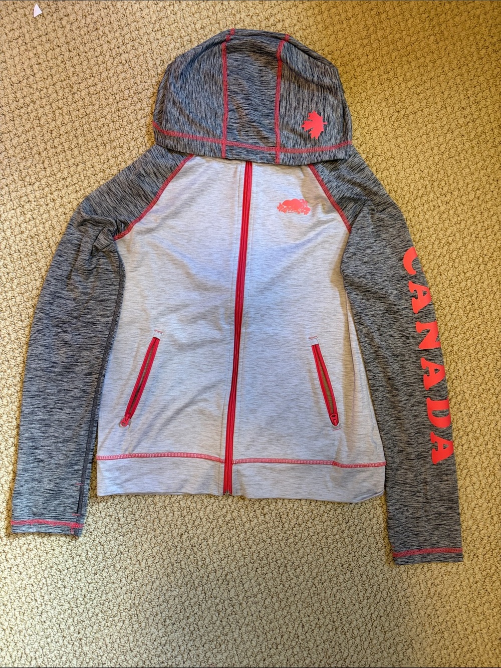 Roots Canada Hooded Zip Up Jacket for Kids Gray & Coral with Thumb Holes XXL